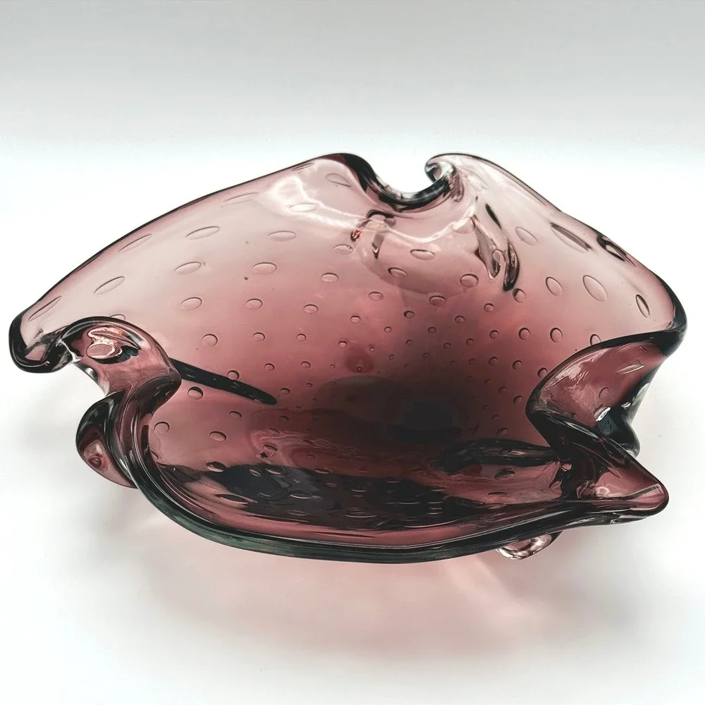 Vintage Amethyst Bullicante Art Glass Bowl Murano Style Controlled Bubble Dish